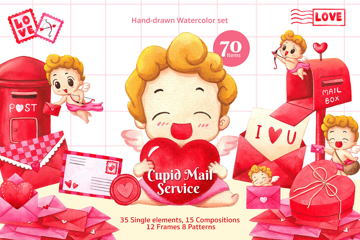 Cupid Mail Service Watercolor, a Seasonal Illustration by CreativeValuation (Photo 1 of 12)
