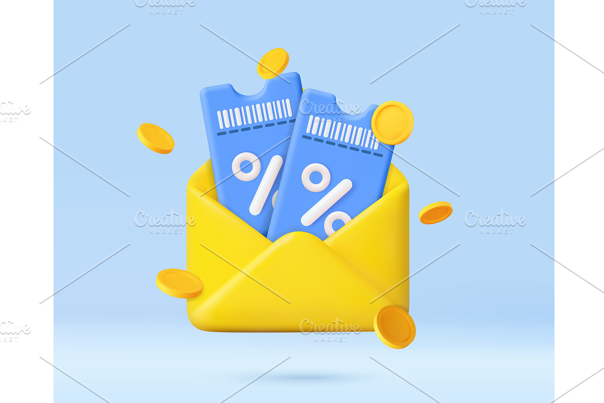3D discount coupons and coins in, a Finance Illustration by ModVector