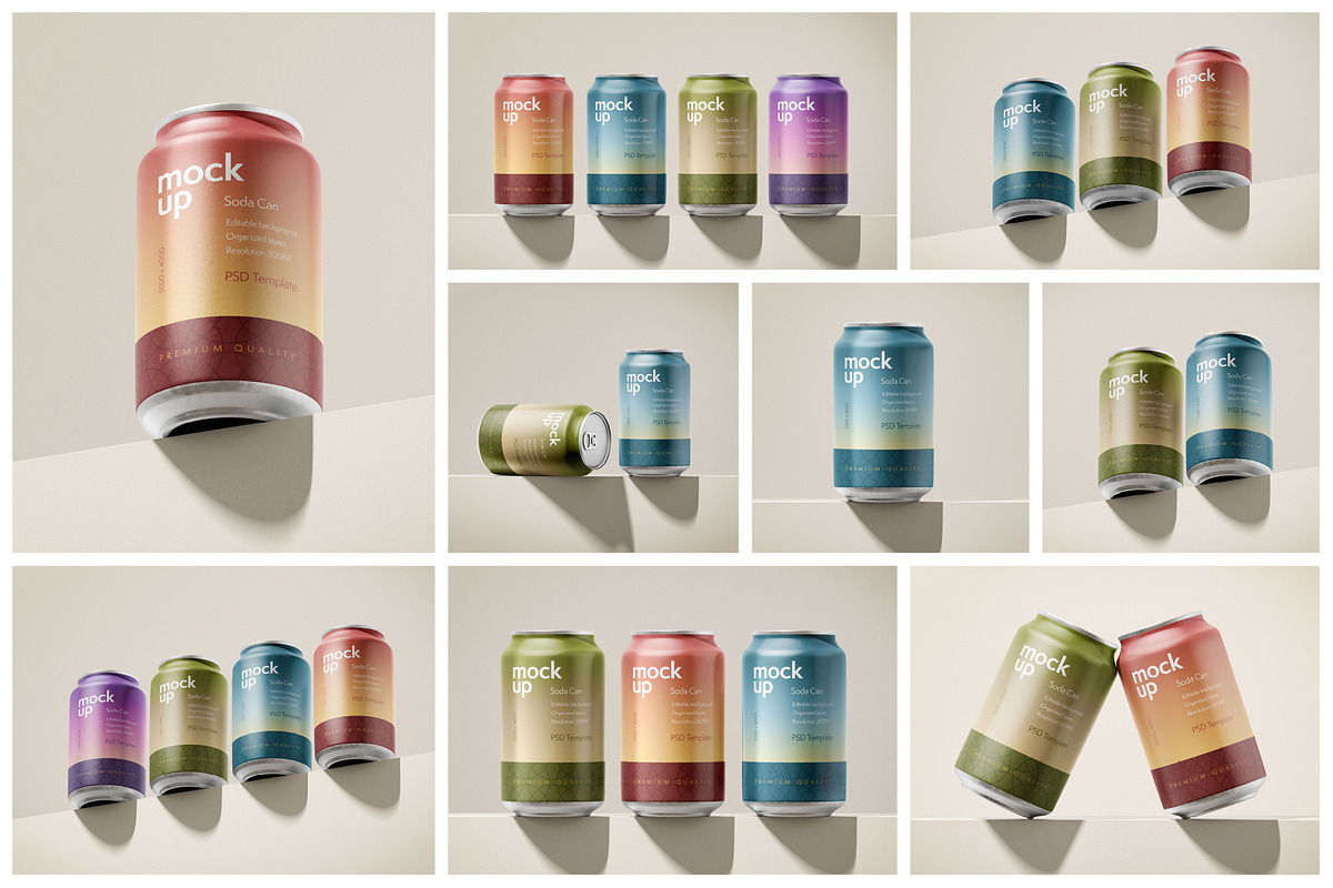 Soda Can Mockup Set, a Packaging Mockup by Deeplab (Photo 2 of 12)