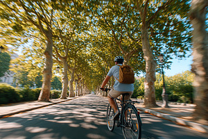 Exploring a serene tree-lined city street while riding a bicycle during a sunny, a Photo by AlyaAnd