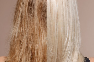 Woman's hair split showing before and after treatment, transforming dry damaged, a Photo by Studio ANNA