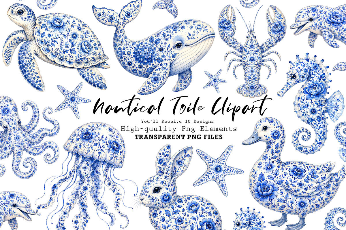 Chinoiserie Blue Sea Animals Clipart, a Work Illustration by CreationArt (Photo 1 of 11)