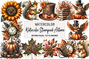 Watercolor Steampunk Autumn Clipart