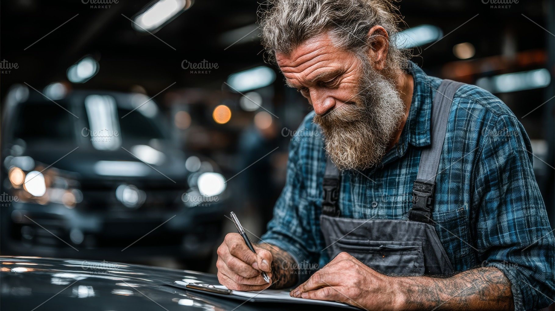 Mechanic inspecting and documenting car repairs in a professional workshop sett, an Industrial Photo by AS photostudio