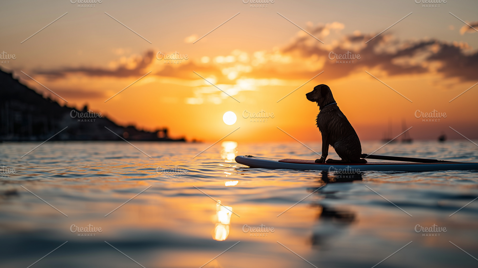 Silhouette of a dog sitting on a sup, an Animal Photo by MistyDay