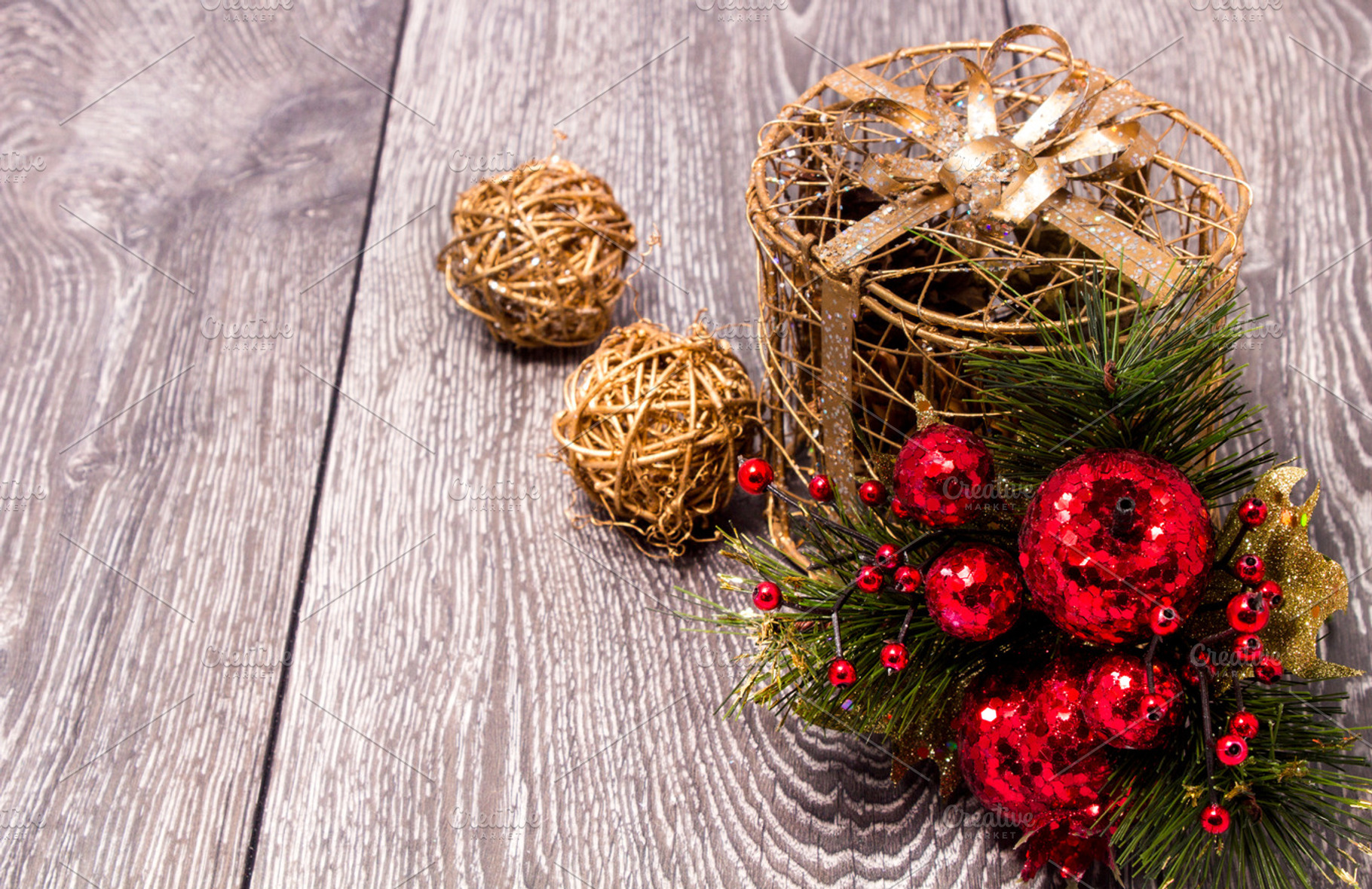 Christmas background with festive decoration and toys.On white wood background., a Holiday Photo by Life For Photo