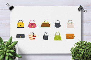 Woman Bag Icon Set, Flat Style