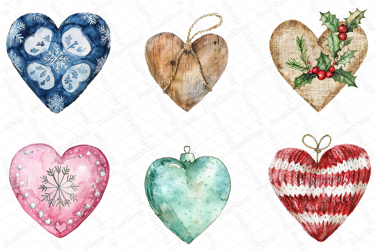 Watercolor Christmas Hearts Clipart, an Illustration by DreamPrint404 (Photo 3 of 5)