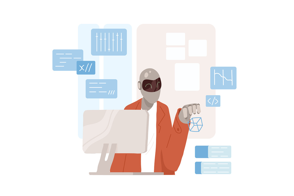 Robot working at computer, a Technology Illustration by Good Studio (Photo 1 of 3)