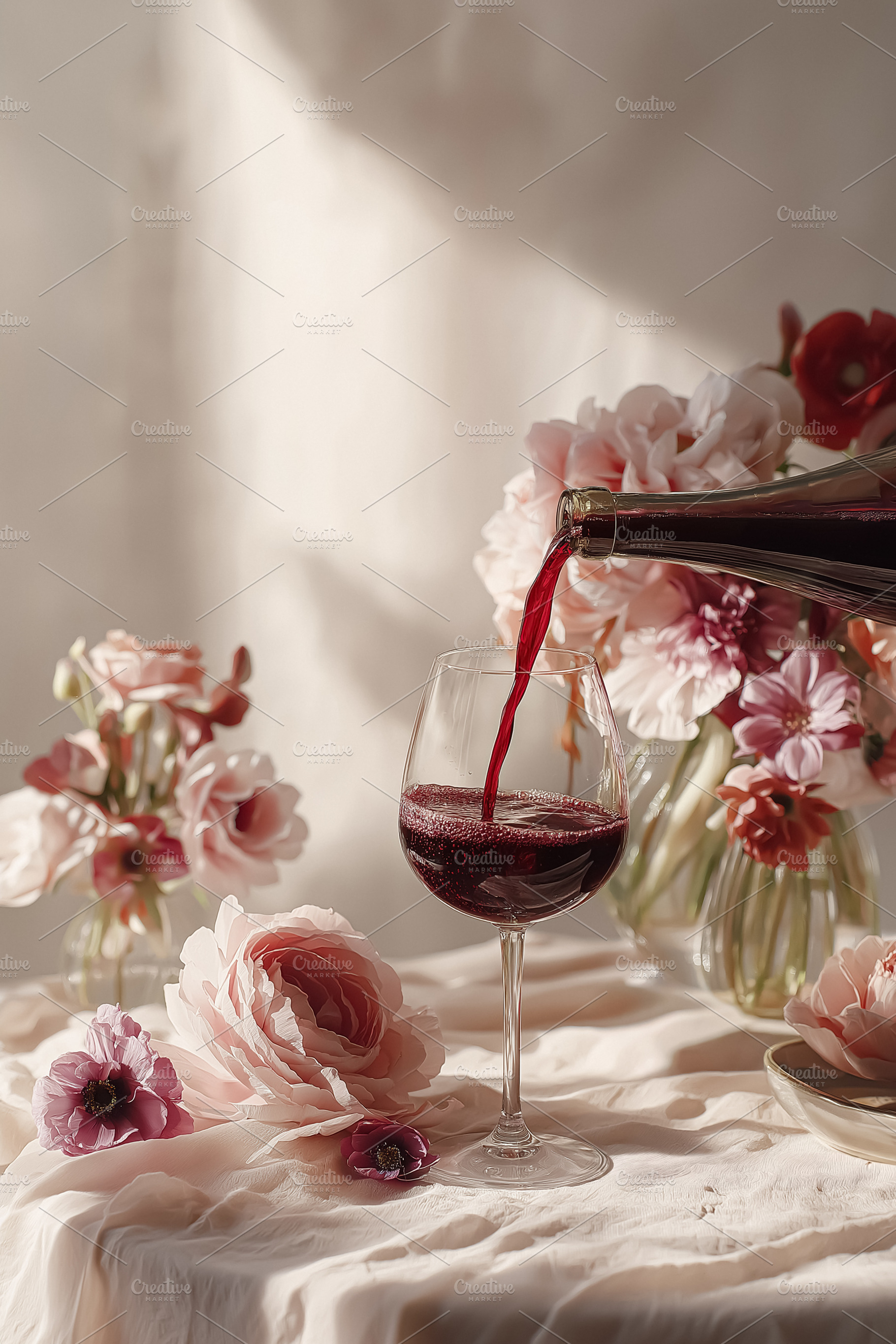 Pouring red wine into a glass on a table with romantic flowers, celebrating spe, a Food & Drink Photo by Studio ANNA