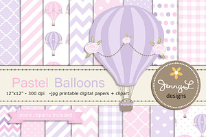 Pastel Hot Air Balloon Digital Paper, a Pattern Graphic by JennyL Designs