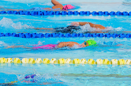 Swimmer child swims freestyle swimming style in a race swimming