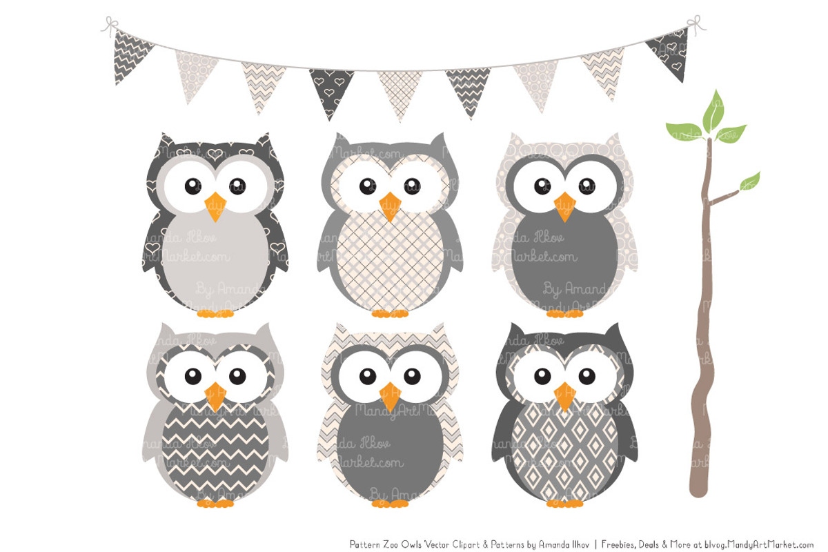 Owls Clipart & Patterns in Grey, an Animal Illustration by Amanda Ilkov (Photo 2 of 4)