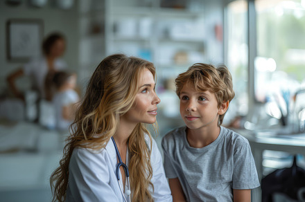 Caring School Psychologist Discussing Issues with Young Boy in Bright Clinic, a Photo by AS photostudio