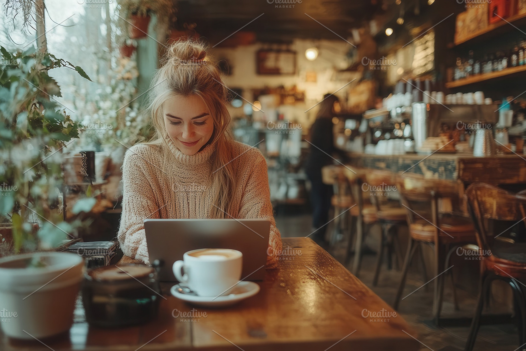 Young woman working on a laptop in a, a Photo by Tanuart