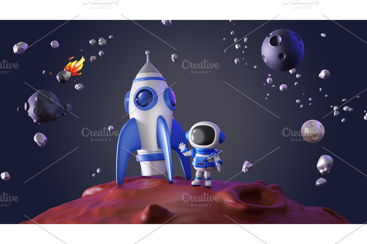 3d cute kid astronaut and rocket on, a Person Illustration by Marozhkastudio