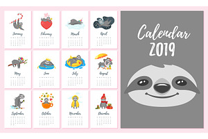 2019 Year Monthly Sloth Calendar