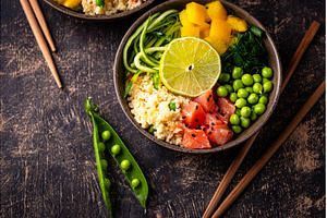 Healthy bowl with salmon and, a Food & Drink Photo by Yulia Furman