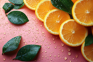 Fresh orange slices with green leaves on a pink surface adorned with water drop, a Food & Drink Photo by AlyaAnd