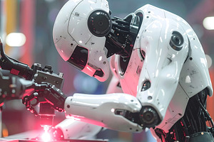 Factory robot welding bright red sparks in manufacturing hall, a Technology Photo by GoodGoods