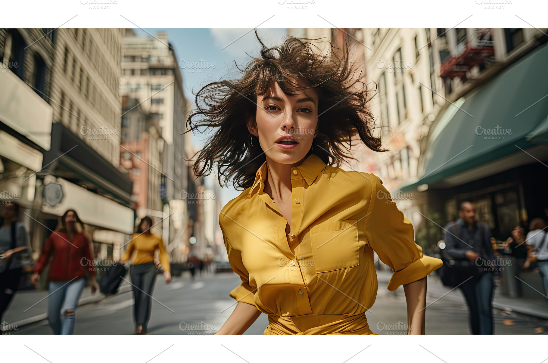 street woman yellow shirt ai, a Beauty & Fashion Photo by pikepicture
