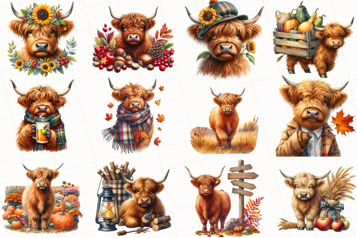 Watercolor Autumn Highland Cow, an Illustration by OK Design (Photo 5 of 5)