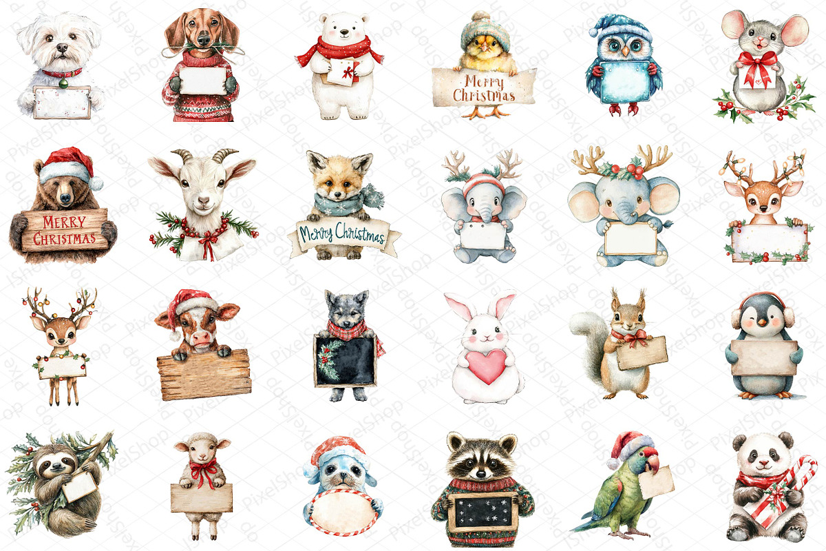 Animals Holding Merry Christmas Sign, an Illustration by DreamPrint404 (Photo 2 of 5)