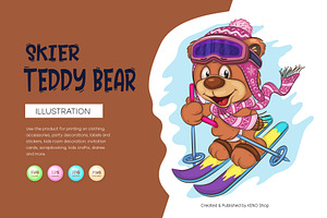 Cartoon Teddy Bear Skier., an Animal Illustration by KENO Mascots