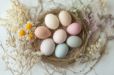 Colorful eggs in a flower nest, a Photo by Beautiful things