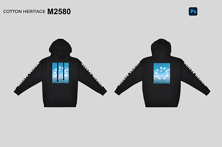 Cotton Heritage M2580 Mockup Black, a Hoody Mockup by Infinity Mockups