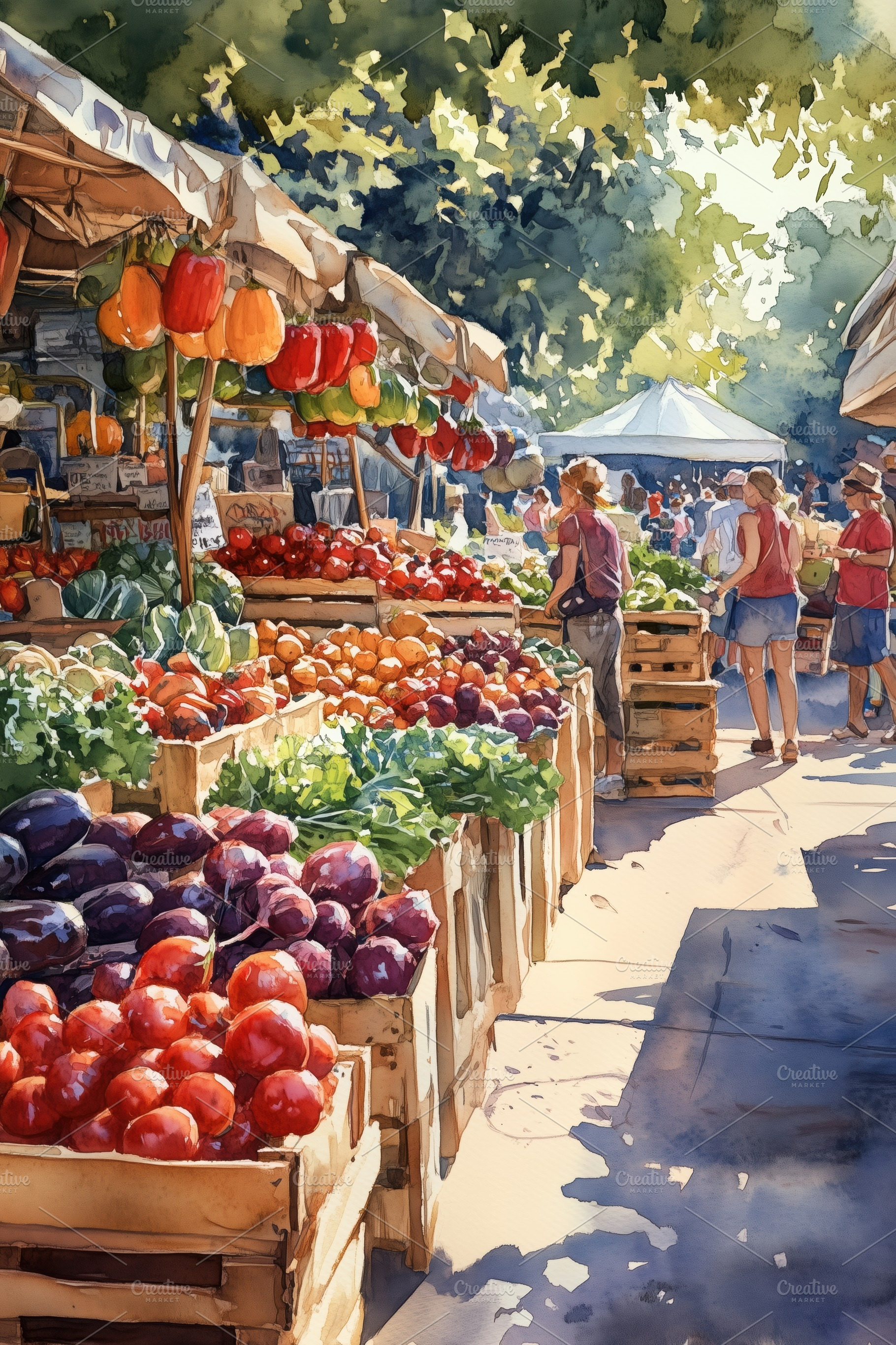 A vibrant outdoor market scene with colorful fruits and vegetables displayed in, a Technology Photo by Textures & Backgrounds