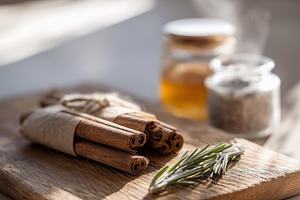 Rustic wooden board with cinnamon, a Food & Drink Photo by MistyDay