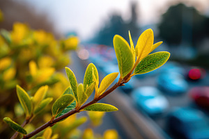 Sunlit green leaves over blurred city street, a Nature Photo by AlyaAnd
