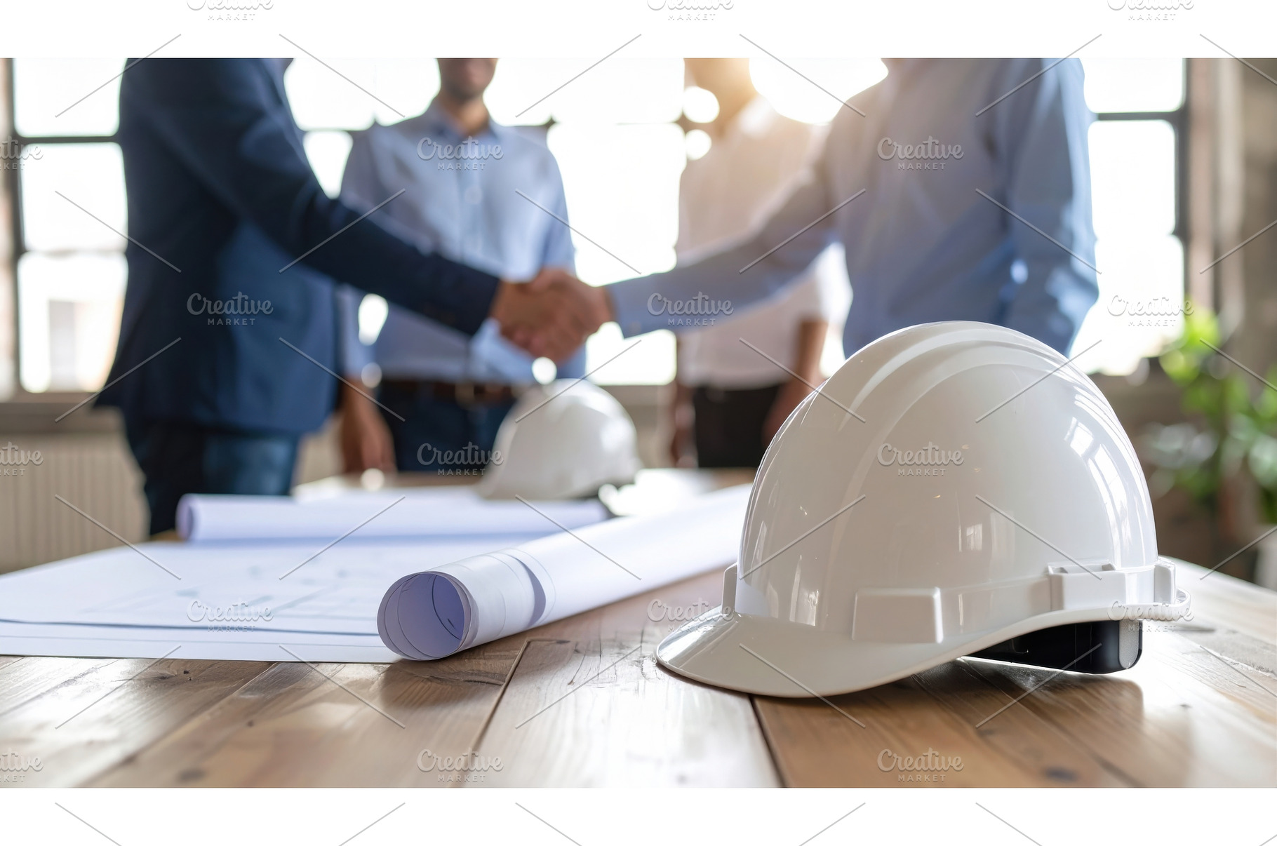 Engineers shaking hands at a project, an Industrial Photo by Igor Tichonow