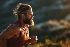 Bearded Man Trail Running Outdoors G, a Photo by Pixeness Studio