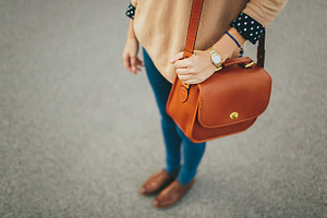 Girl with a bag featuring girl, fashion, and brown