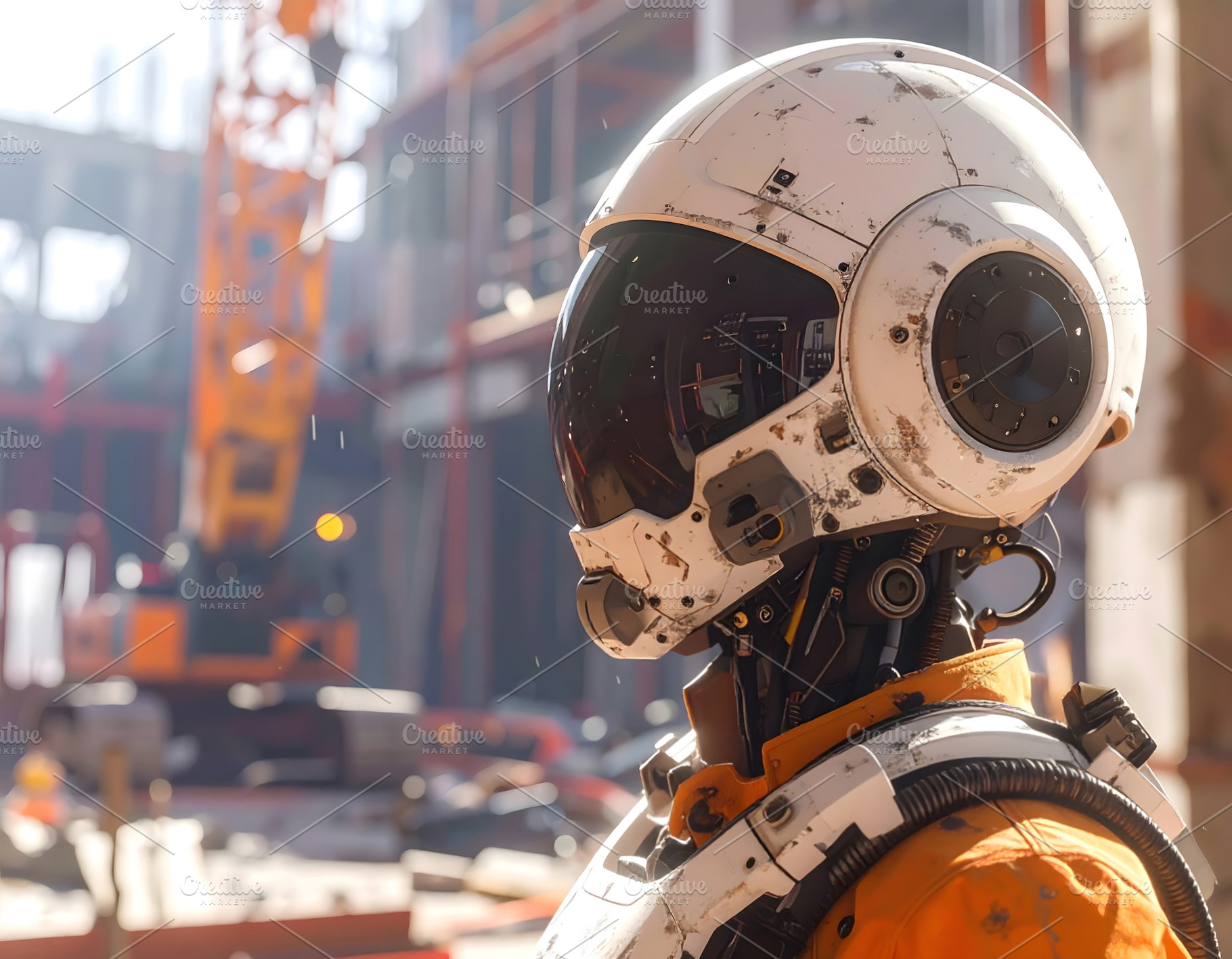 Humanoid robot builder standing among cranes and heavy machines, an Industrial Photo by GoodGoods