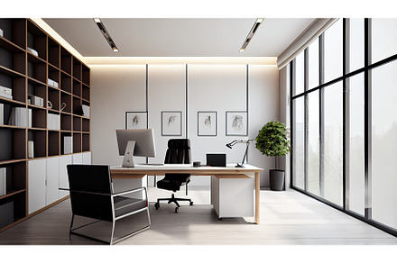 Modern office with white walls, an Architecture Photo by Neirfy