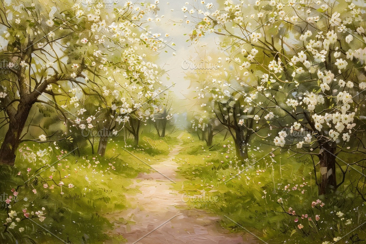 Blossoming Spring Orchard Path - A Tranquil Oil Painting - Generative AI, a Seasonal Illustration by José Manuel Gelpi