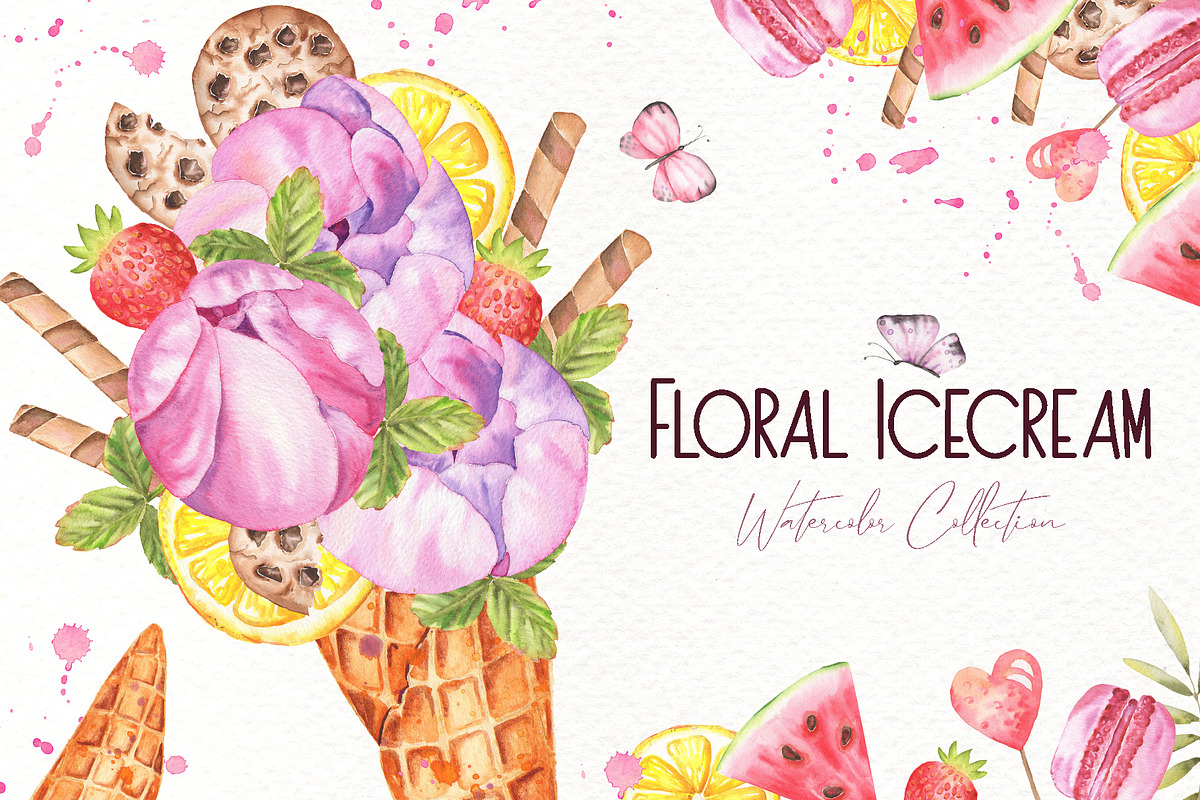 Floral Icecream Watercolor Set, an Illustration by TanataDesign (Photo 2 of 13)