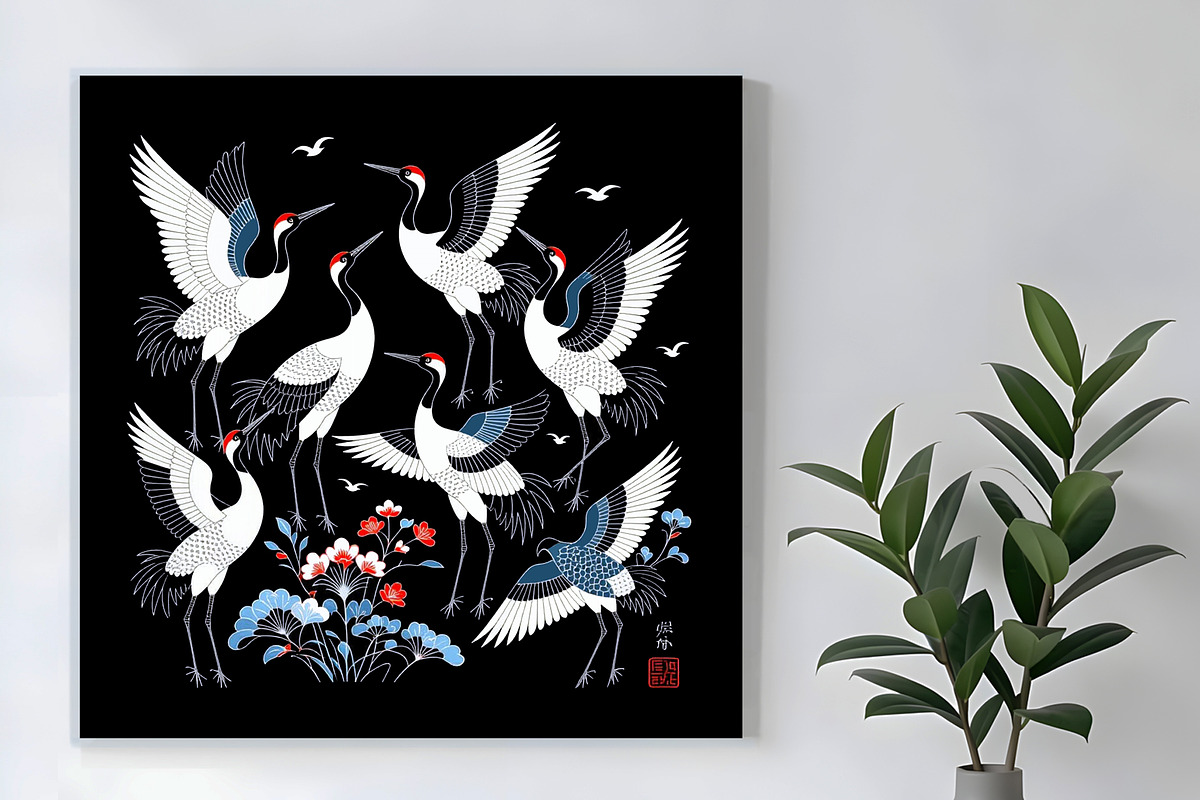 Oriental Cranes with Blue Flowers, an Animal Illustration by Sharon Schwalbe (Photo 1 of 4)