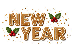 New year text with holly leaves on t, an Illustration by Dvoevnore photos