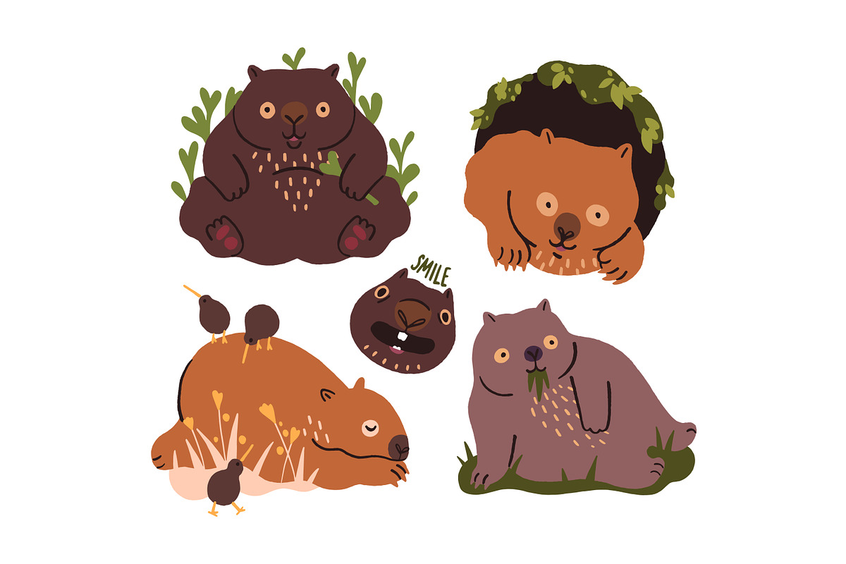 Wombats, cute funny animals set, an Animal Illustration by PaperTrident (Photo 2 of 5)