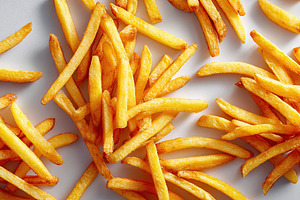 Delicious golden french fries arranged artfully on a neutral surface, a Food & Drink Photo by AlyaAnd