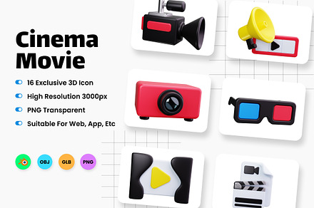 Cinema Movie 3D Icons, a Scene 3D Model by HacaStudio