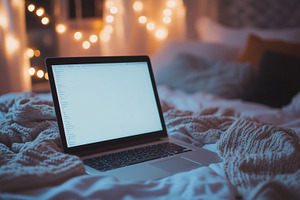 Blank open laptop mockup on a cozy, a Technology Photo by MistyDay