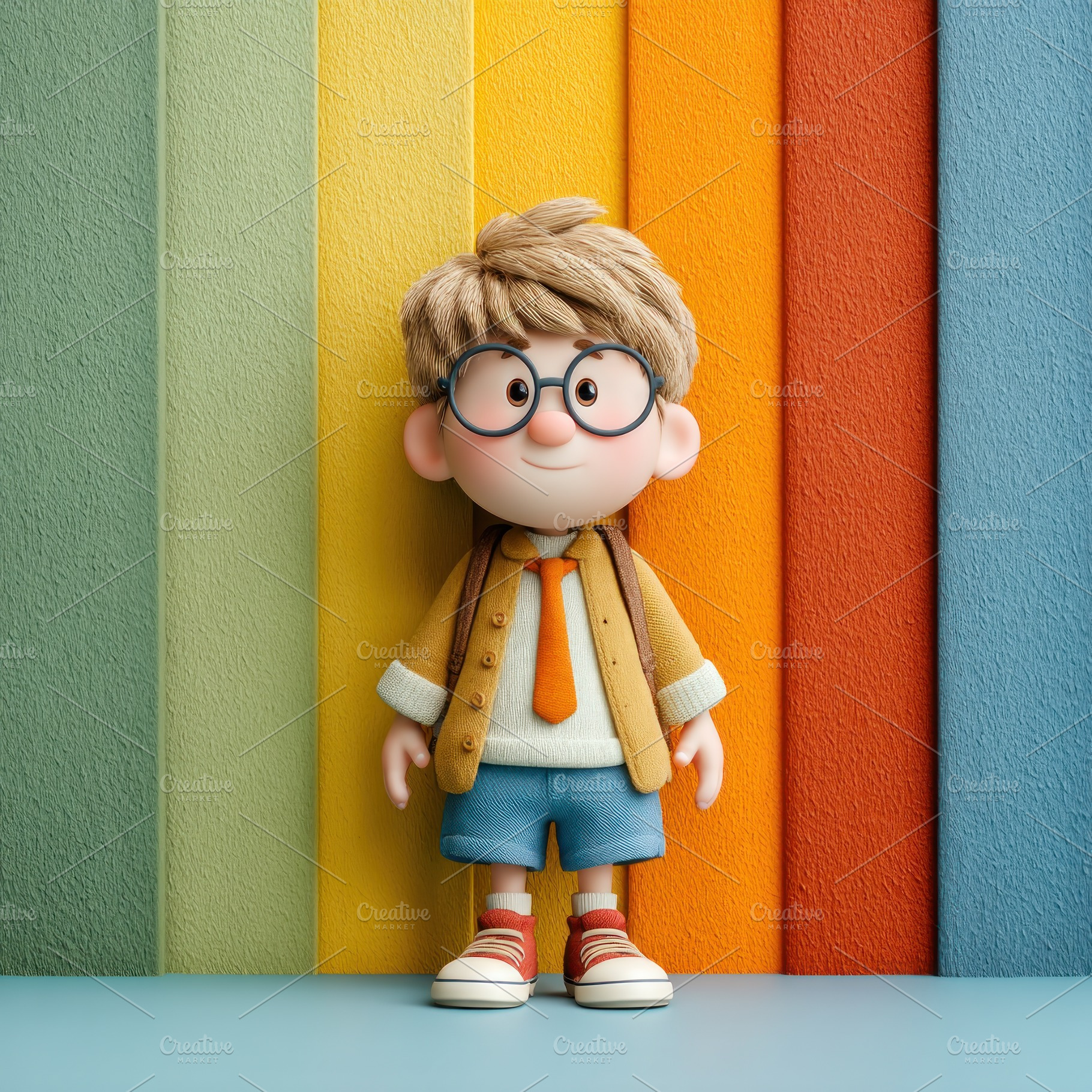 Adorable cartoon schoolboy with glasses standing against colorfu, a Person Photo by José Manuel Gelpi