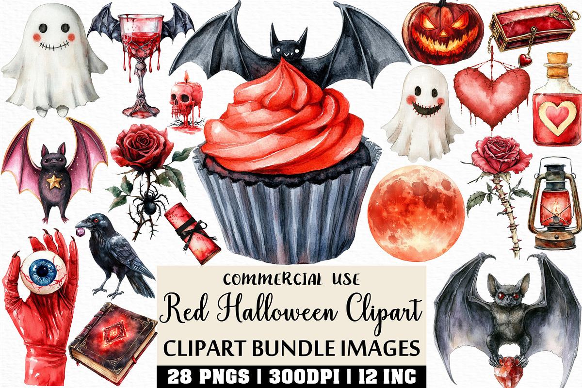 Watercolor Red Halloween Clipart, an Illustration by Craft Nest (Photo 1 of 6)