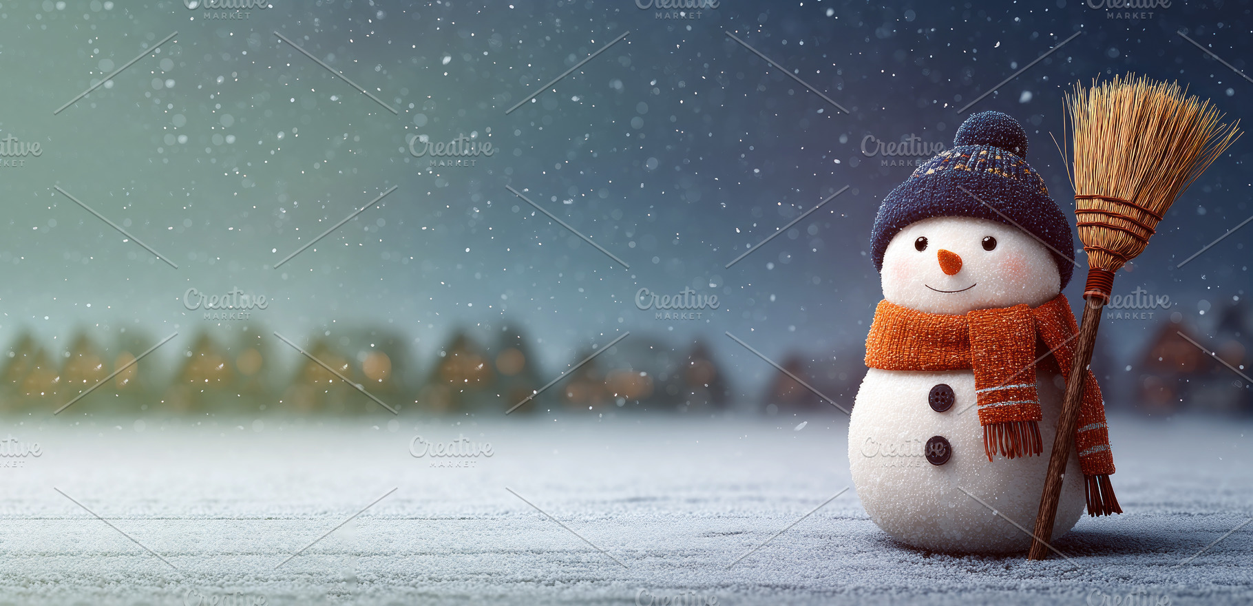 Smiling snowman with orange scarf and broom standing in snowy vi, a Holiday Photo by José Manuel Gelpi