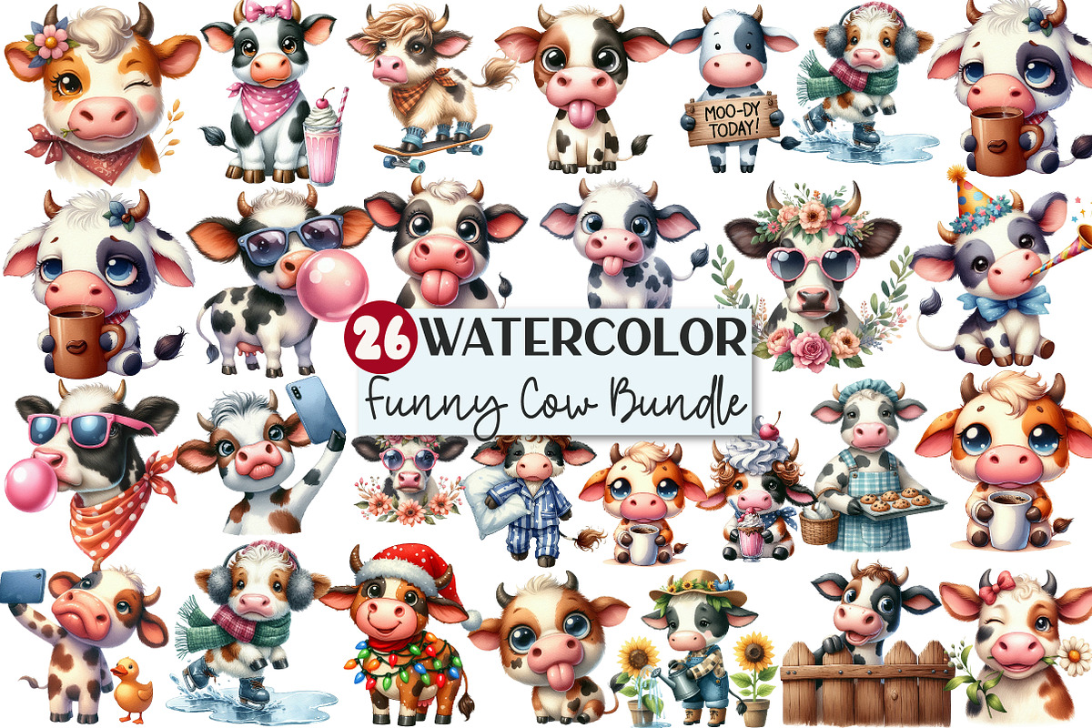 Watercolor Funny Cow Clipart, an Illustration by Rose Art (Photo 1 of 6)